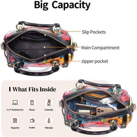 ⚡Women Doodle Genuine Leather Tote Handbag Clutch Purse Crossbody Bag - Picture 6 of 9